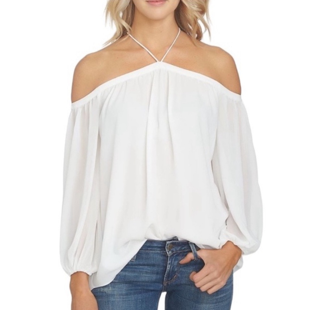 1. State Womens White Cold Shoulder Halter Chiffon Blouse In Cloud Size Medium